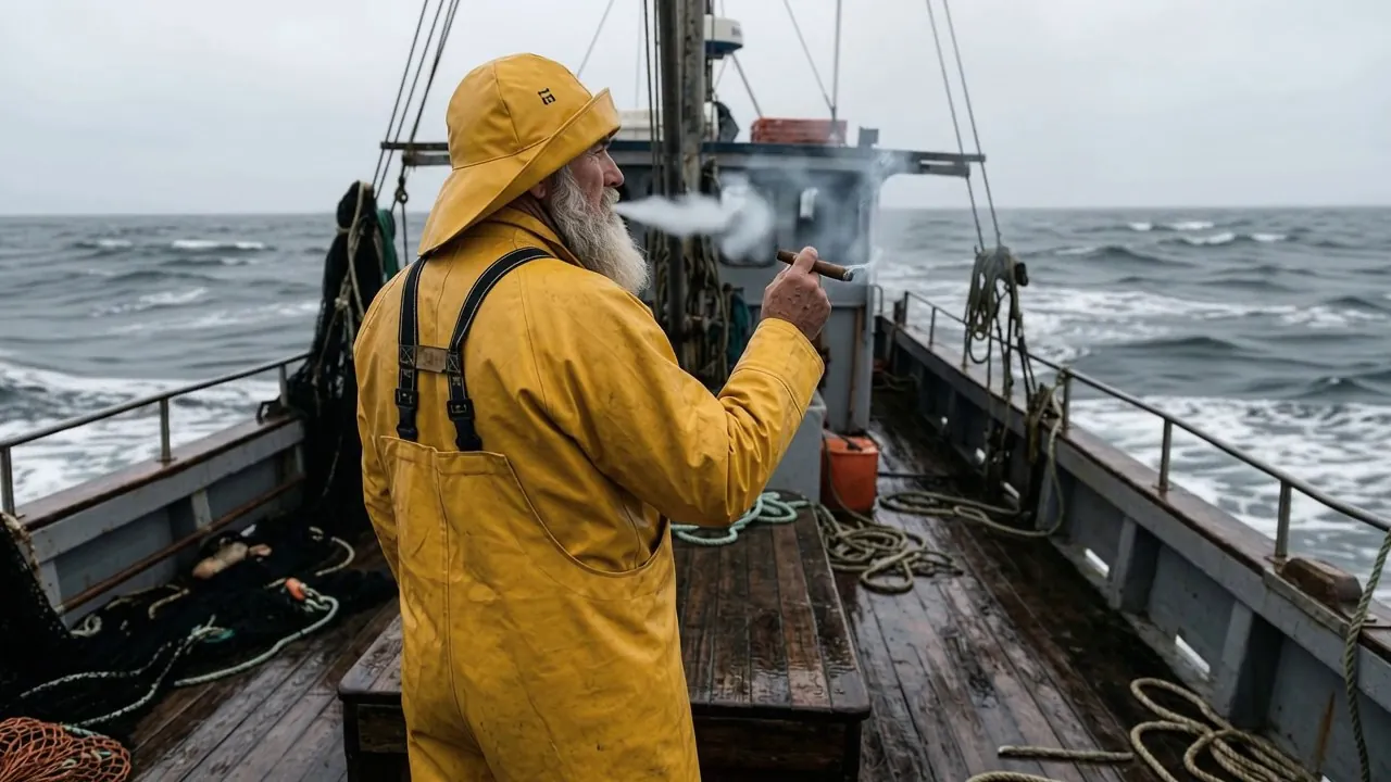 An old salt in a yellow rain slicker smoking a cigar on the deck of a fishing boat at sea